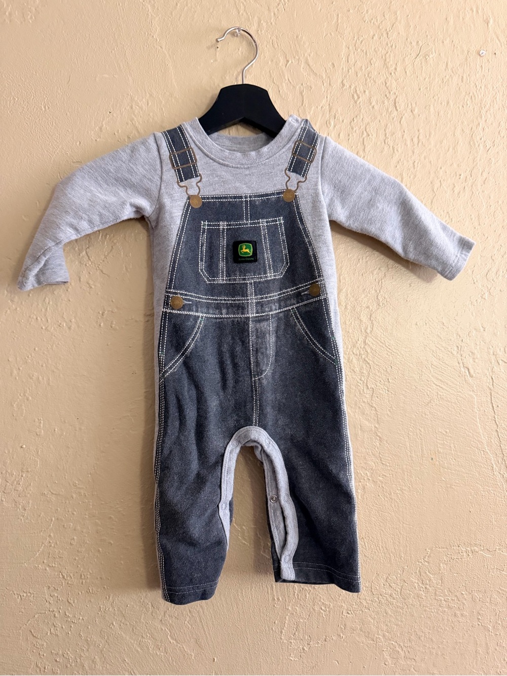 John Deere Gray and Black Faux-Overall Baby Romper